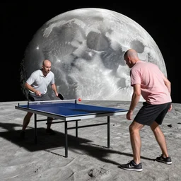 two bald men playing ping pong on the moon
