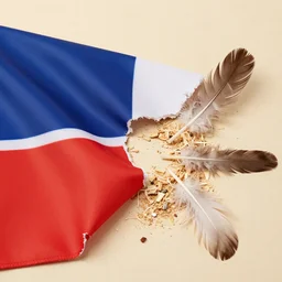 pieces of a ripped flag, chicken feathers and saw dust