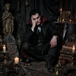 night portrait of a neurotic british man ( ( vampire ) ) ) feeling confidant in a cluttered dark room full of ancient artifacts candles dark dusty statues runes books magical arcane instruments ritual stone knife drapery atmospheric hdr f / 1. 4