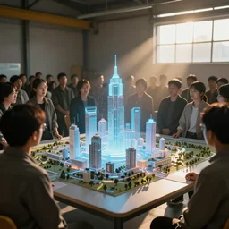 large group people in a warehouse, looking at hologram of futuristic city on a table, cinematic concept art, godrays, golden hour, natural sunlight, 4 k, clear details, tabletop model buildings, tabletop model, hologram center