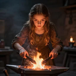 idealistic portrait of a young girl working in a blacksmith's forge, clear eyes, fair skin, beautiful hair, strong hands, fantasy art, fire, 8 k digital art, unreal engine, far away, in the style of alexander jansson fra angelico and h. r. giger,