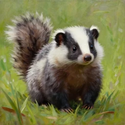 oil painting, littlest pet shop fuzzy cute skunk in field, close up, noel coypel, emile eisman - semenowsky, edouard bisson