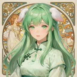an adult girl with long light green hair and light green eyes, a small pigtail on the left side, white fur on top, chinese dress, chinese style, anime style, hyper detailed, light green dress, illustration, digital painting, art by artgerm and greg rutkowski and alphonse mucha, high delicate defined details, anime stylized, highly detailed, realistic, sharp focus