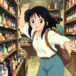 anime visual, portrait of a young female traveler shopping in a alchemist's potion shop interior, dramatic, cute face by ilya kuvshinov, yoh yoshinari, makoto shinkai, katsura masakazu, dynamic pose, dynamic perspective, cel shaded, flat shading mucha, crisp smooth lines, rounded eyes