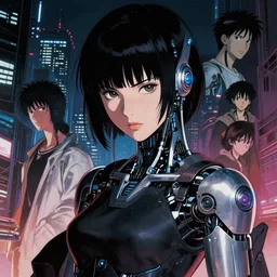 photo portrait of a japanese cyberpunk cyborg girl, finely detailed features, cyborg robot parts with glowing lights!, dramatic cinematic, night, at cyberpunk city, ghost in the shell, akira, cinematic lighting, flirting with camera, noir, trending on pixiv fanbox, manga!, manga, heavy metal!, heavy metal, painted by greg rutkowski makoto shinkai takashi takeuchi craig mullins, alphonse mucha, studio ghibli, pixiv