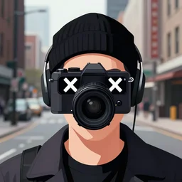 cypherpunk fashion illustration, camera face, x ray spex, city street background with high tall buildings, abstract portrait highly detailed, finely detailed
