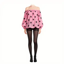 pink off the shoulder blouse with huge polkadots over black tights, extremely detailed, sharp focus, wide view, full body shot, smooth, digital illustration, by, james jean, by rossdraws, frank franzzeta, sakimichan, jeremy lipking