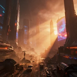 a sprawling futuristic city street inside a space station, ilm, beeple, star citizen halo, mass effect, 2001 space odyssey, elysium, iron smelting pits, huge holograms, warm saturated colours, atmospheric perspective, dramatic sunset, volumetric light scattering, dustlight, god rays, dust