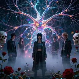 the ghost in the machie, dense web of neurons firing, psychedelic lights and fog, skull and roses and gnr imagery, zdzislaw, ayami kojima, yamamoto, barclay shaw, karol bak, hyperrealist, 8 k