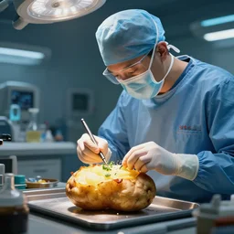 surgeon operating on a baked potato, science fiction industrial hard science concept art, 8K render octane high definition cgsociety, photorealistic, unreal engine
