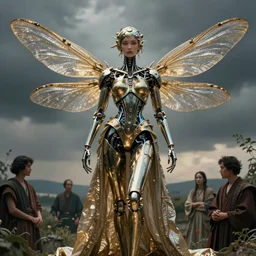 still frame from Prometheus movie by Makoto Aida, biomechanical dragonfly angel gynoid, metal couture by neri oxmn and Guo pei, editorial by Malczewski and by Caravaggio