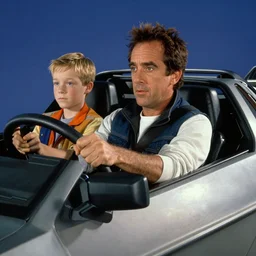 ben stiller as doc brown in back to the future, driving a delorean with marty mcfly.