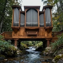 A  massive wooden pipe organ above a gentle stream running down below ,peaceful atmosphere, serene lighting ,digital art , highly detailed , high contrast, beautiful lighting, award winning , trending on art station, photorealistic, 8k