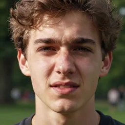 extreme closeup photo of an unhappy umimpressive young man in central park, face is glitched