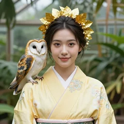 portrait photograph of an extremely beautiful!!!! young female , symmetric face!, symmetric round detailed eyes!!, slight smile, natural light, wearing a yellow kimono!! with a very detailed barn owl! on her shoulder in a tropical greenhouse. looking at the camera!!. golden crown made of golden leaves. super resolution. Extremely detailed. Graflex camera!, bokeh!!!!!. fashion editorial!!