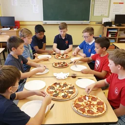 a fifth grade pizza party in the classroom. James jean. Andrei Riabovitchev