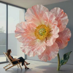 closeup, huge flower the head, woman sitting on lounge chair by a modern window, surreal photography, studio light, impressionist painting, digital painting, artstation, simon stalenhag