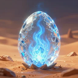transparent icy crystall as a magical egg burn with frosty blue fire, hot desert around, peter morbacher style, greg rutkowski