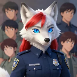 beautiful portrait of a female anthropomorphic albino wolf fursona wearing a state trooper uniform. blue eyes. red head hair. character design by disney, charlie bowater, ross tran, artgerm, and makoto shinkai, detailed, soft lighting, rendered in octane