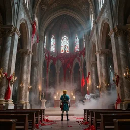 link from zelda manifests in an abandoned church at the vatican, 8 k, soft lighting, hdr, octane render, hr giger cinematic, red fluid on walls of the church, smoke, yasushi nirasawa style photorealistic, bokeh
