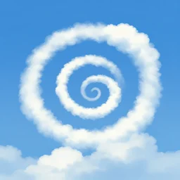 clean cel shaded vector art, spiral, curled blue sky fluffy curled clouds, curved clouds, smoke shaped clouds, from lorax movie