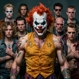 8 k portrait of tough horrifying godlike psychedelic clown from macfarlane comics, ( ( ( smirk ) ) ) detailed vfx tattoos by craig mullins, ilya kuvshinov, indomitable, saiyan hair, krenz cushart, bloody clothes, muscular, symmetry accurate features, epic, artgerm trending on artstation by edward hopper and dan mumford and wlop and rutkovsky,