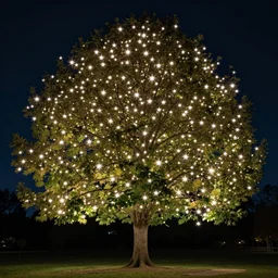 a beautiful tree wit stars for leaves at night