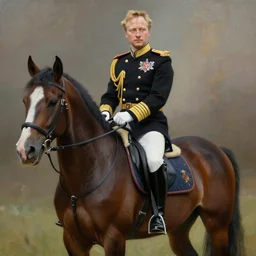 a beautiful lifelike painting of vitalik buterin riding a horse while wearing an admiral's uniform