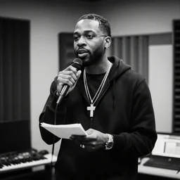 a photograph of 5 0 cent writing a song for rapper the game to recite in the studio, black and white photo, sigma 3 5 mm