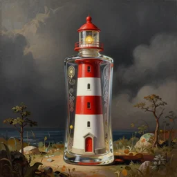 a red and white lighthouse inside a clear bottle, very fancy whiskey bottle, intricate concept painting by by eddie mendoza and ross tran and craig mullins