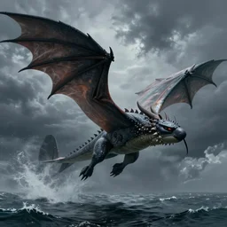 dragon, huge wings, scary weather, stormy, ocean, spitfire, photography, hyperrealistic, by greg rutkowski, smooth, illustration, elegant, artstation, digital painting.