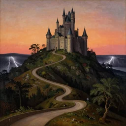 renaissance painting of a steep and multiple curves path to a fantasy castle on a high hill at night, orange to pink gradient sky and thunderstorm background. forest underneath