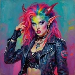 portrait of a scifi apocalyptic demonic orc goblin female biker character, hot girl, cool pose, psychedelic vibrant colors, futuristic punk rock fashion, oil painting by michael whelan art, sharp focus, realistic, detailed eyes, 8 0 s hair, studded leather jacket, 8 k
