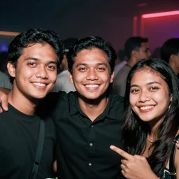 color photo portrait of indonesian people in the night club, smile, illumination light, cinematic, 1 9 9 0 photograph magazine