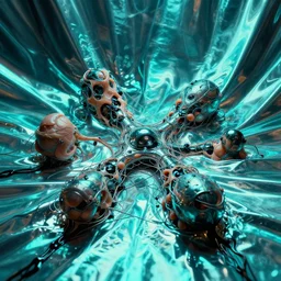 technological mitosis, cell shaded, hyperrealism, reflective fabric, refractive surfaces, chiaroscuro!, minimalism, flesh bound to metal, loose wires, black ooze, cyan lighting, vibrant, by gil elvgren and ilya kuvshinov and anton fadeev and giger and greg rutkowski