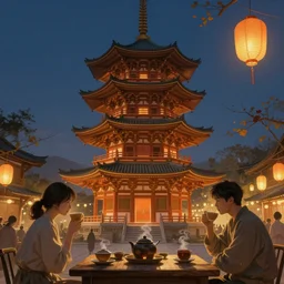 digital painting of a pagoda, people drinking tea and paper lanterns, very detailed