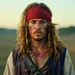 photo portrait of an rugged albino african pirate with a red headband | brown brown!!!!! vest | young adult, thin blonde mustache, afro blonde hair, stern face, rugged and dirty, cinematic lighting at sundawn, movie color grading