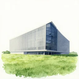 a watercolor painting of a building in the grass, an illustration of by Buckminster Fuller, behance, ecological art, concept art, matte drawing, photoillustration