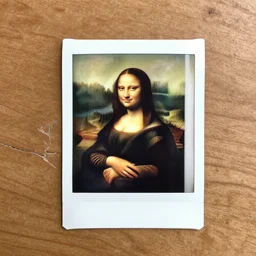 polaroid image of the mona lisa on a broken wooden floor.