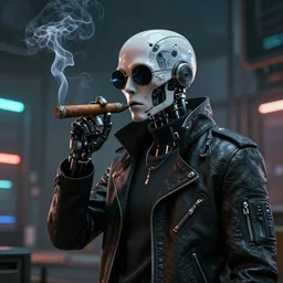 An android smoking a cigar in a cyberpunk setting by Evgeny Lushpin, trending on Artstation, unreal engine