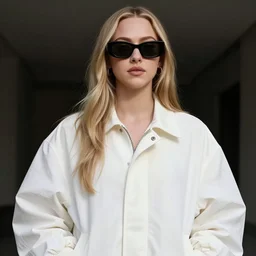 detailed attractive characther portrait of amanda seyfried wearing oversized nilon white luxury jacket and wearing sunglasses, realistic, wide angle, dramatic light 8 k