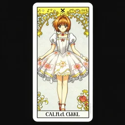 sakura cardcaptor, centralized full body, a tarot card with a woman in a flower dress, a character portrait by naoko takeuchi, deviantart, art nouveau, tarot card, rococo, sharp focus, smooth, crisp lines, detailed, elegant, simple palette colors, official art