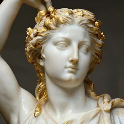 shiny polished marble intricate close - up woman statue portrait by michelangelo buonarroti and by gian lorenzo bernini, partially gold plated, carved vegetation details, ultra - detailed flash studio photograph