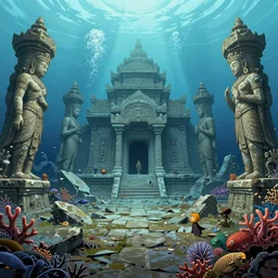 Underwater ancient temple, statues, rubble, broken pillars, fishes, coral, Monster Hunter Illustrations art book, Moebius, Greg Rutkowski, Zabrocki, Karlkka, Jayison Devadas, Phuoc Quan, trending on Artstation, 8K, ultra wide angle, zenith view, pincushion lens effect.