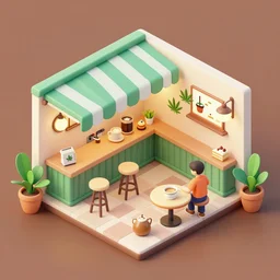 cannabis coffee and cake cafe isometric fun 3 d cartoon, beautiful composition structure