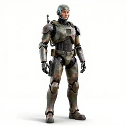battle-worn cyborg soldier, cinematic studio photo, full body, standing, isolated on a pure white background, centered, whole figure in frame, sharp focus, studio lighting