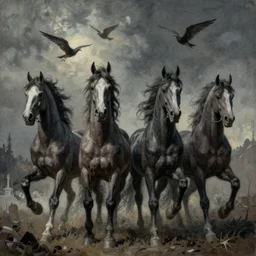 four horsemen of the apocalypse in the style of zdzislaw beksinski and dariusz zawadzki