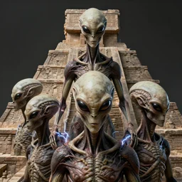 aliens brainsuckers sacrifice humans with electricity on top of aztec pyramids, full size, perfect faces, fine details, studio lighting, close up view, subtle shadows, art by katsuya terada, photorealism, hyper realism, octane render, hyper detailed, canon eos r 3, f / 1. 4, iso 2 0 0, 1 / 1 6 0 s, medium shot, 8 k, raw, unedited, in - frame,