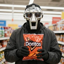 MF DOOM at walmart holding a bag of doritos
