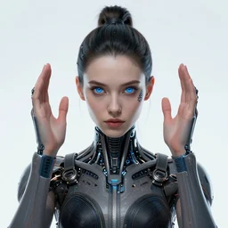 cyberpunk full shot, hands up pose, very detailed, cgsociety, artstation, female, clean, symmetry, blue eyes, nice clothing, intricate, impossible beauty, golden ratio, eye implant bionic, ponytail, staring in the void, art by krenz cushart and artem demura and alphonse mucha